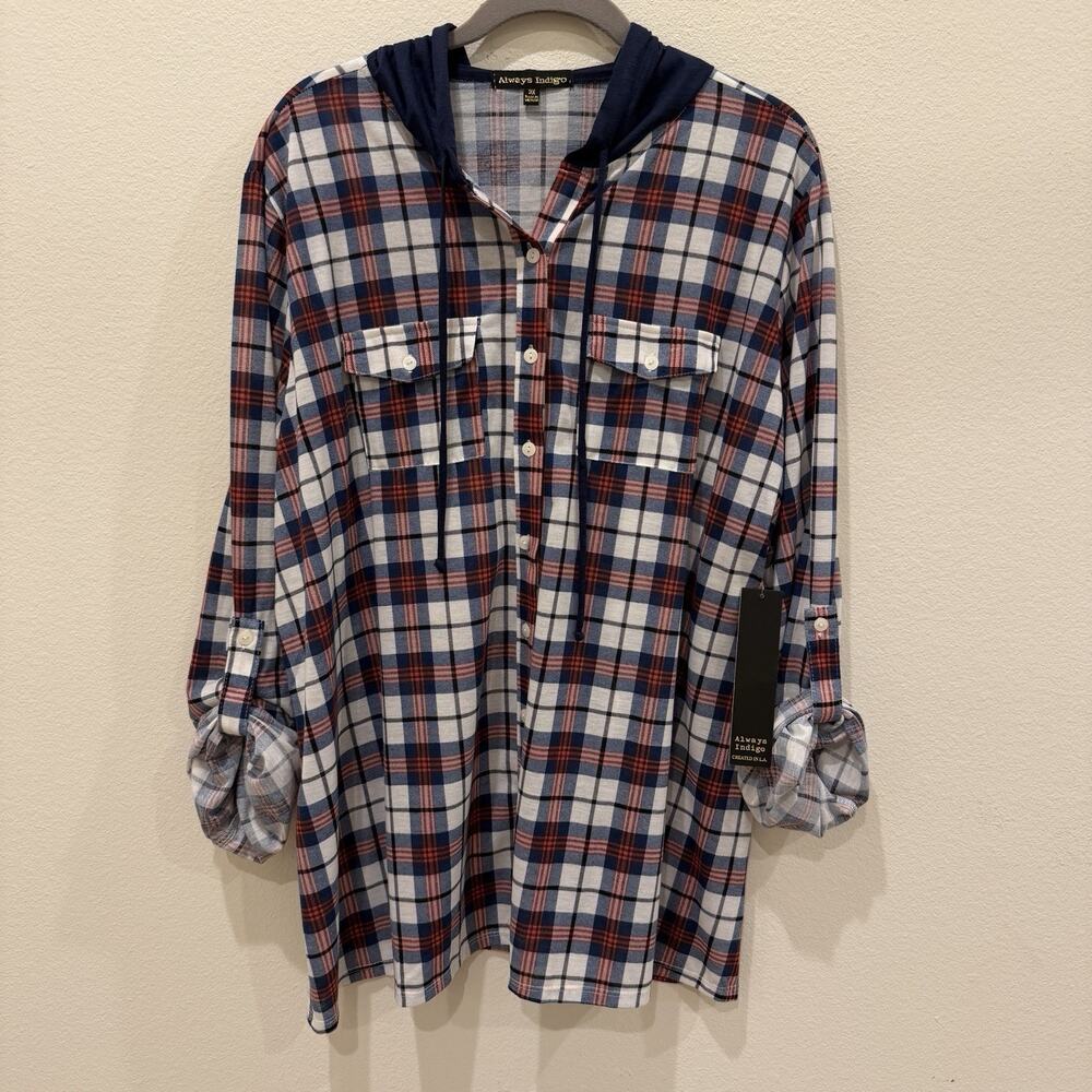 NWT Always Indigo Women’s Top Button Up Plus Size 3X Red Blue Plaid Flannel Look